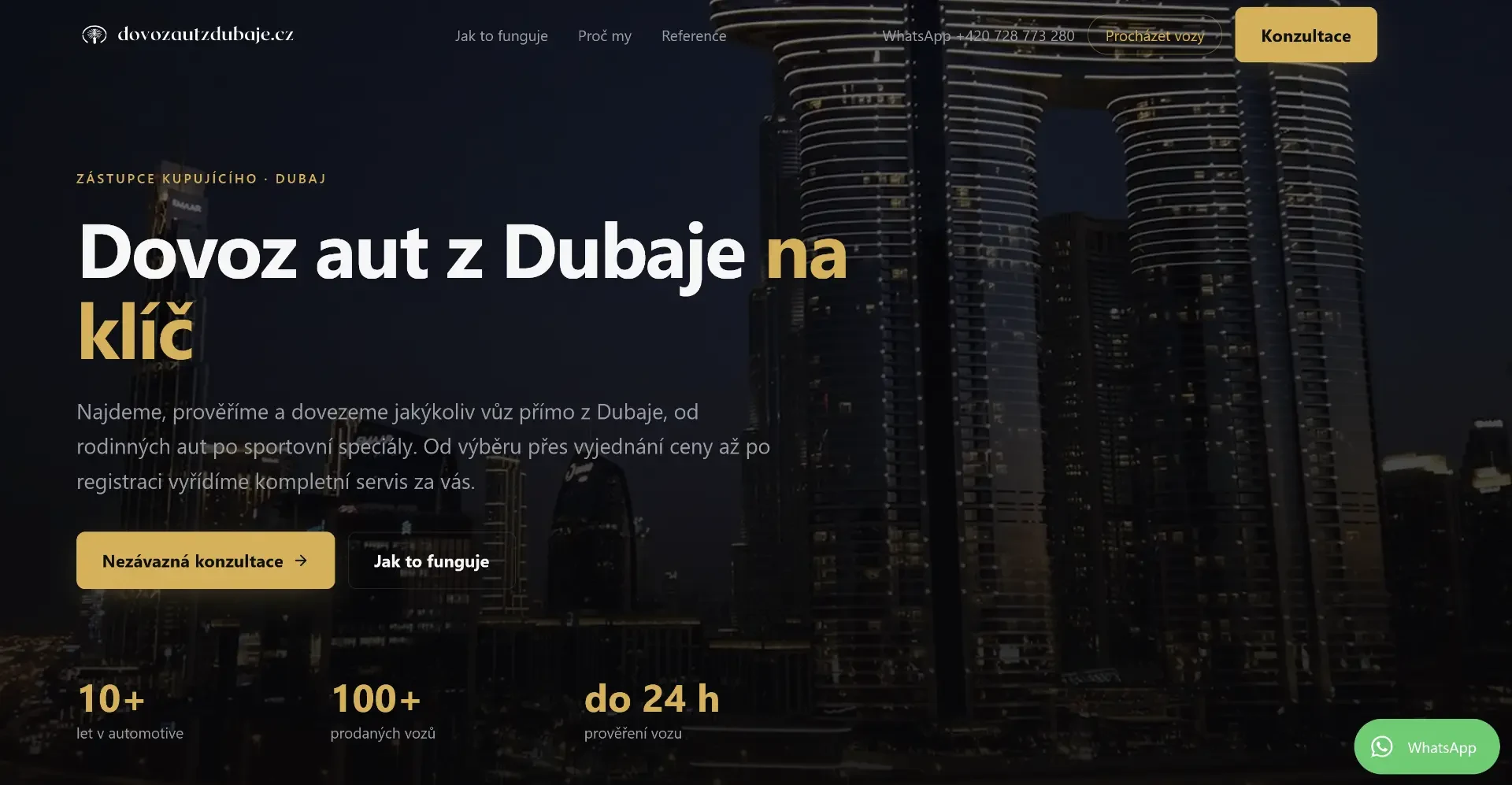 Web dovozautzdubaje.cz — úvodní stránka s hlavní nabídkou a statistikami
