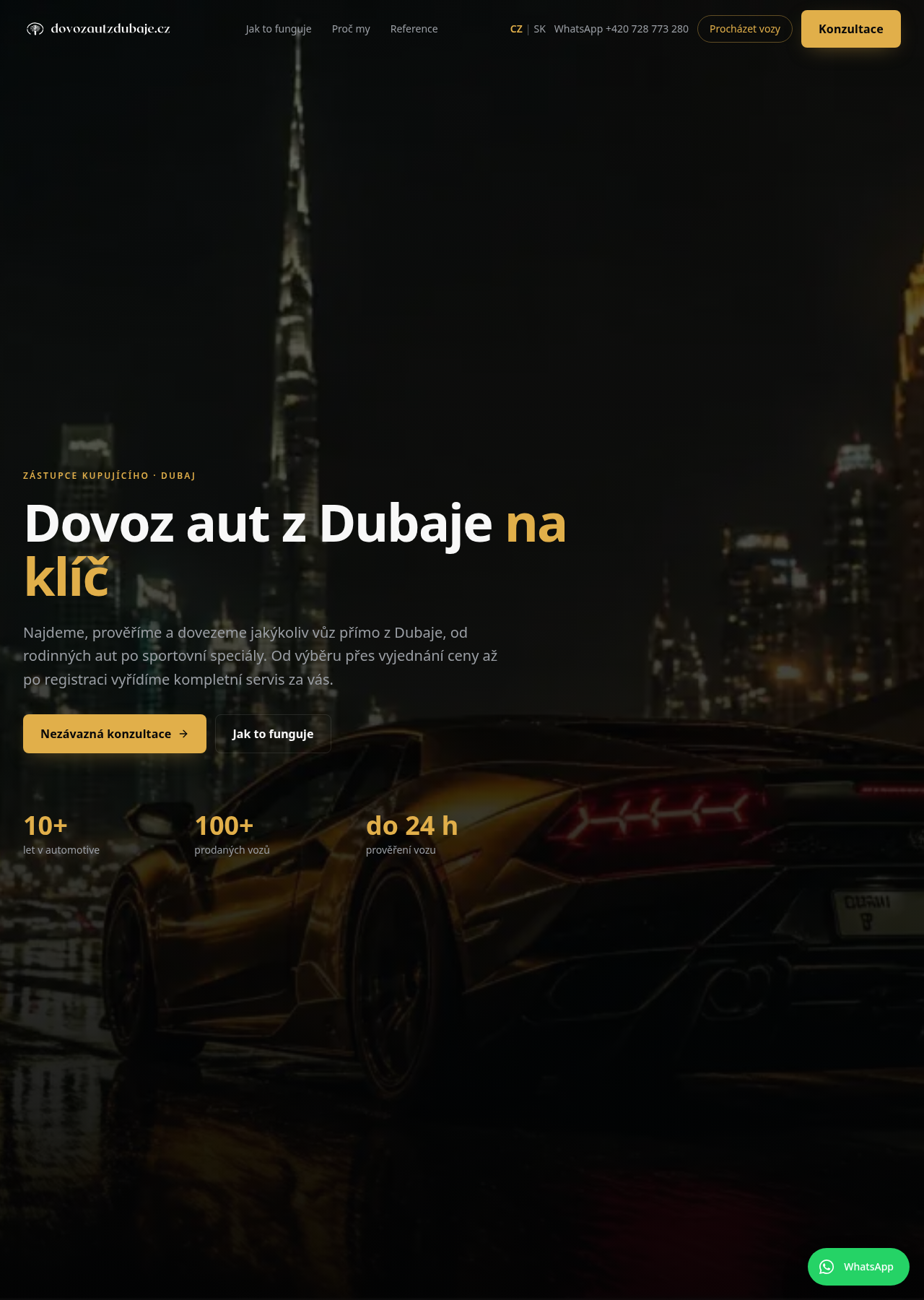 Web dovozautzdubaje.cz — úvodní stránka s hlavní nabídkou a statistikami