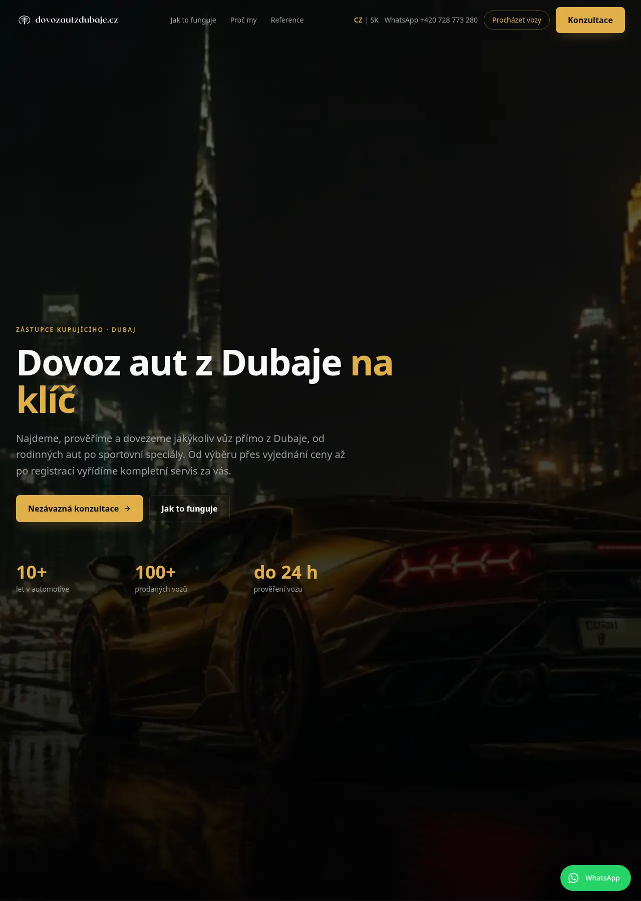 Web dovozautzdubaje.cz — úvodní stránka s hlavní nabídkou a statistikami